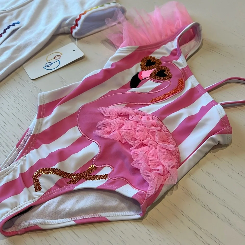 Flapdoodles Toddler Girl 2 Piece Swim Set Coverup One Piece Flamingo  2T 3T 4